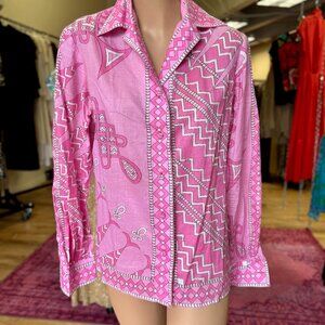 70s Emilio Pucci Pink Geometric Button Up Cotton Blouse Vintage Shirt 14